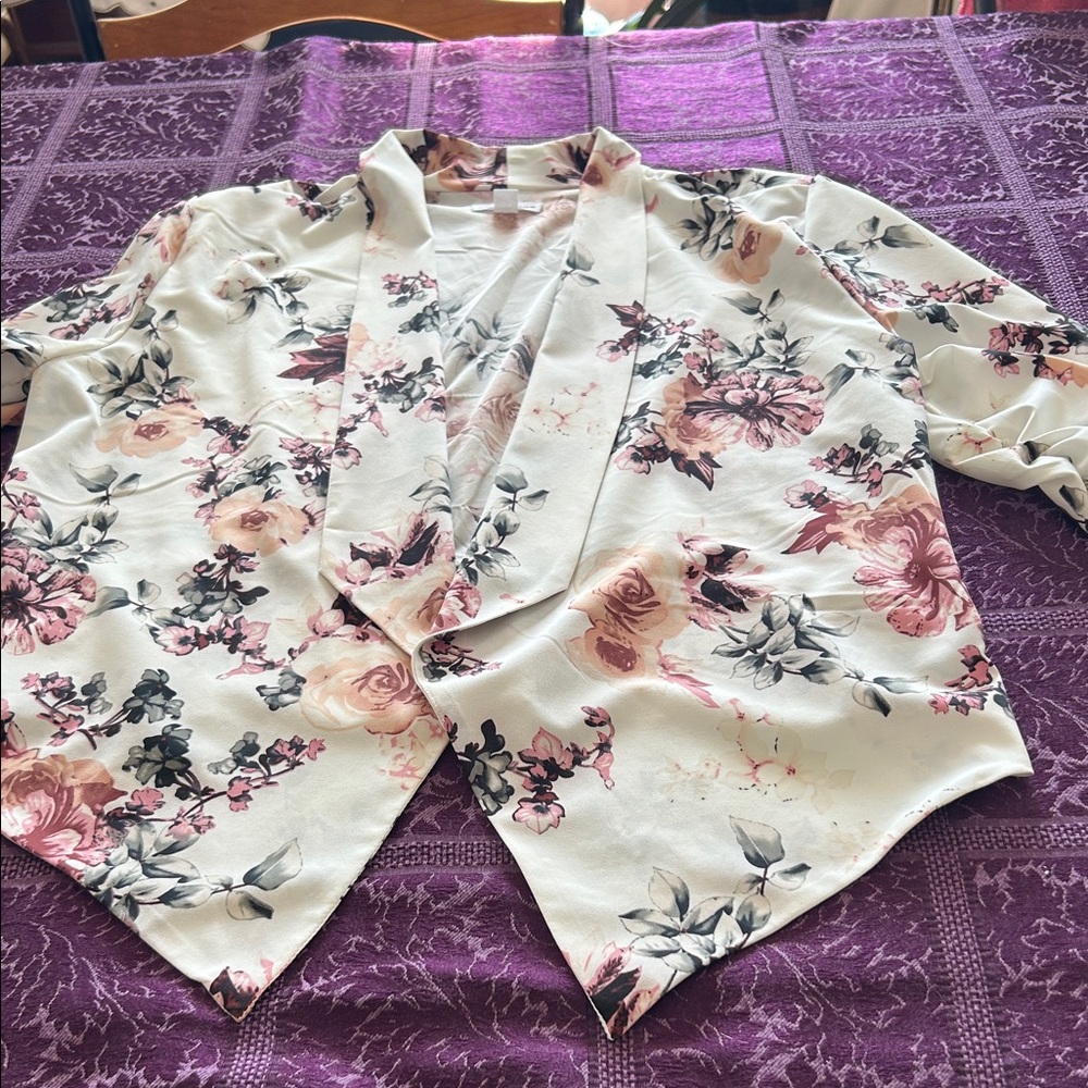 Warehouse One Cream and Pink Floral Open Cardigan